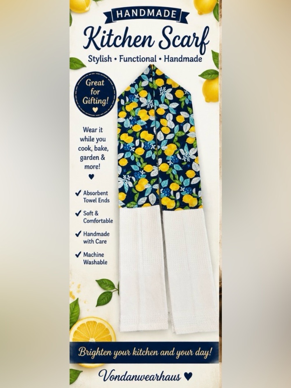Hand Crafted Navy Lemon Print Kitchen Scarf with White Towel Ends